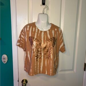 Self Esteem Butterfly Tie Dye Cropped T-Shirt Brown Women's L